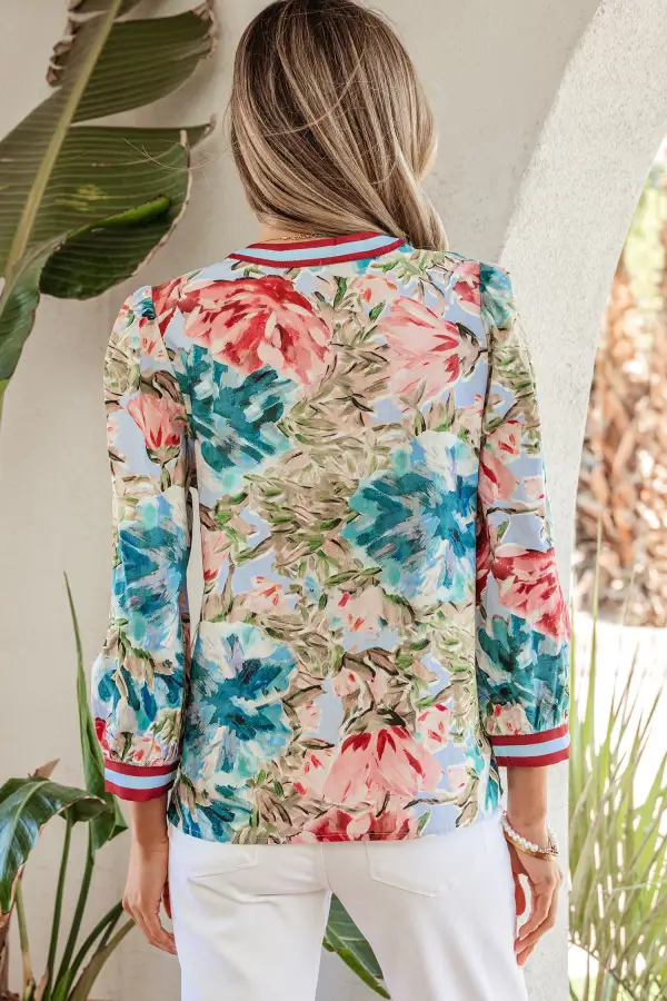 Women's Floral Print V Neck Cuffed Sleeve Top