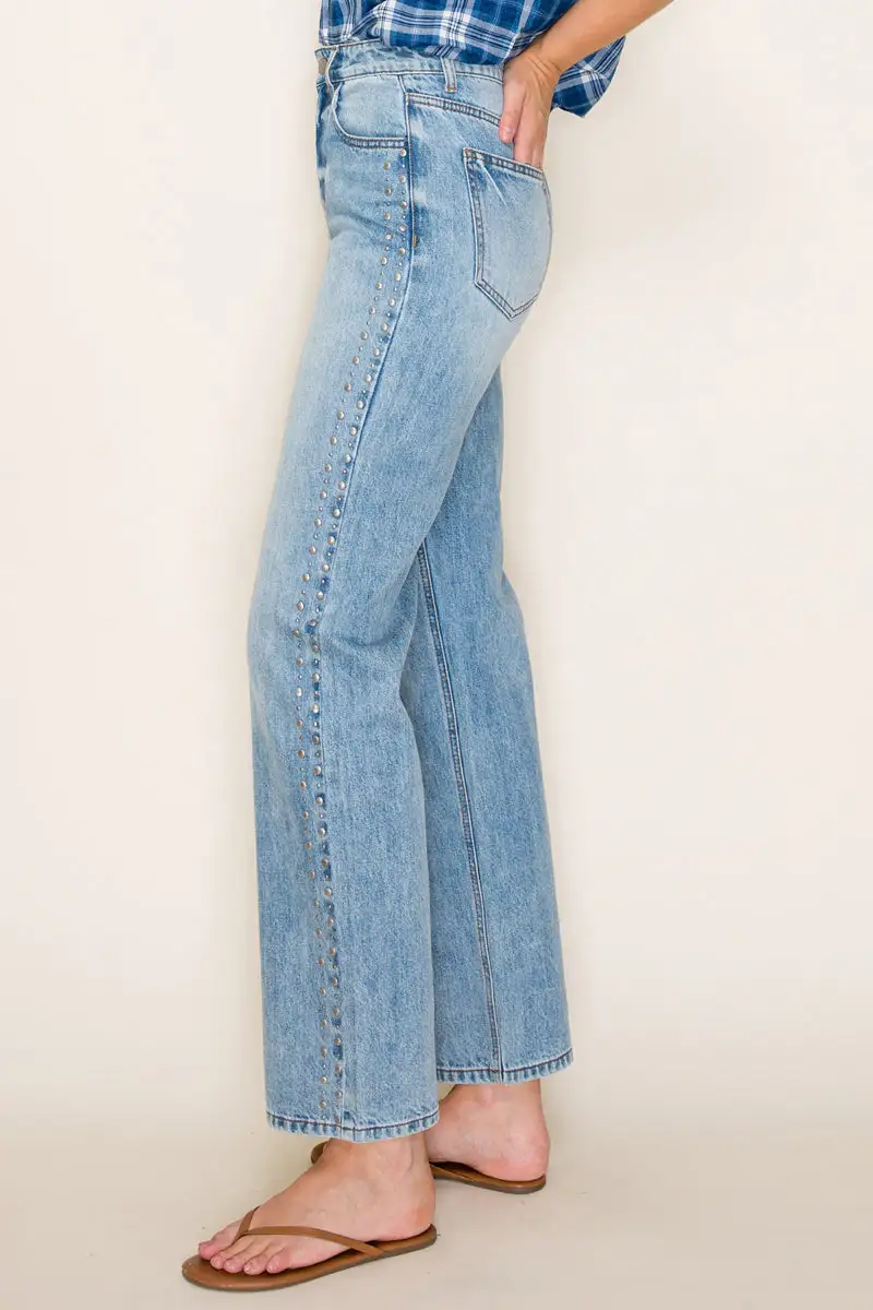 High Rise Studded Straight Jeans
