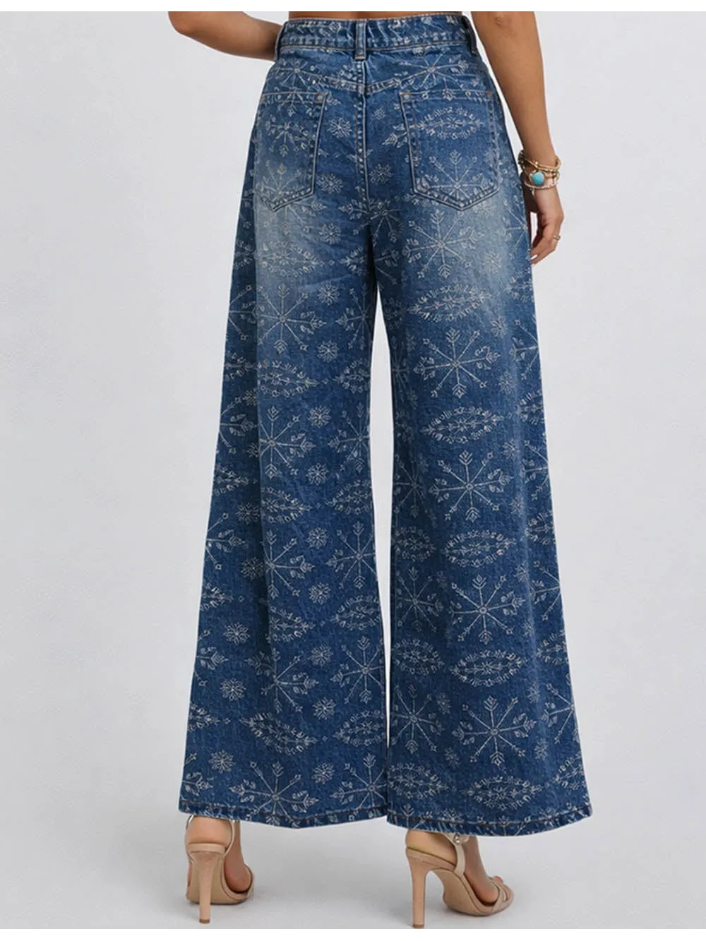 Geometric Jacquard Button Front Wide Leg Denim Pants