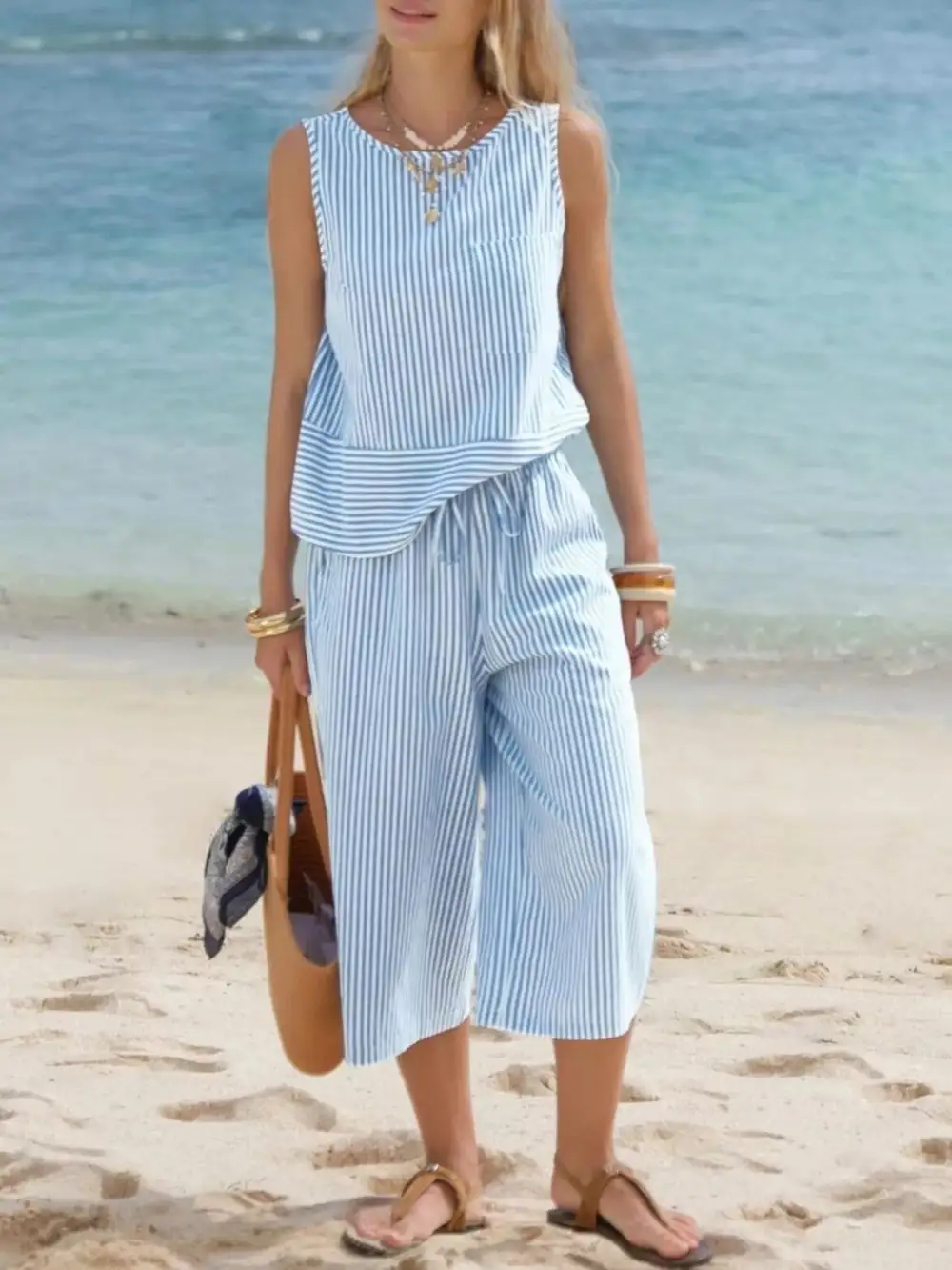 Striped Sleeveless Top and Cropped Pants Set