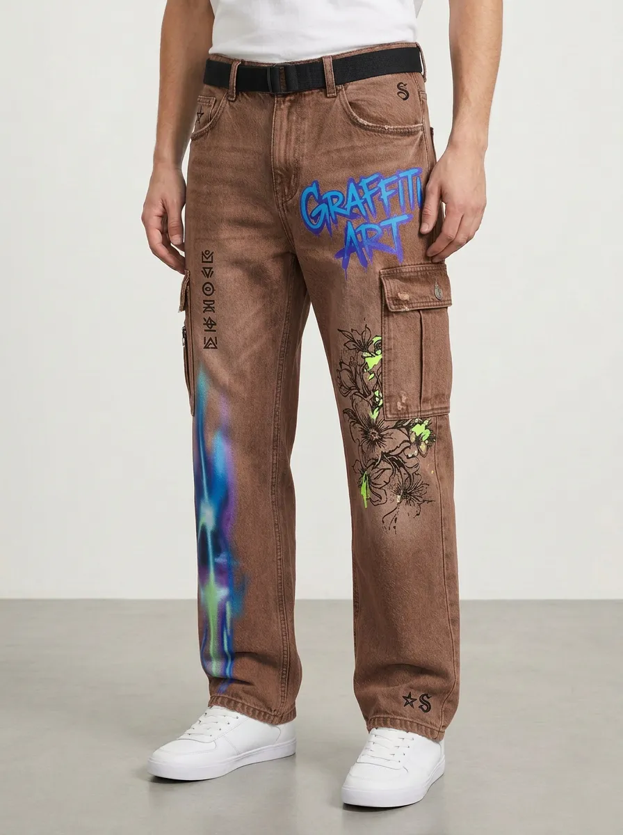Men's Streetwear Graffiti Art Floral Graphic Cargo Jeans