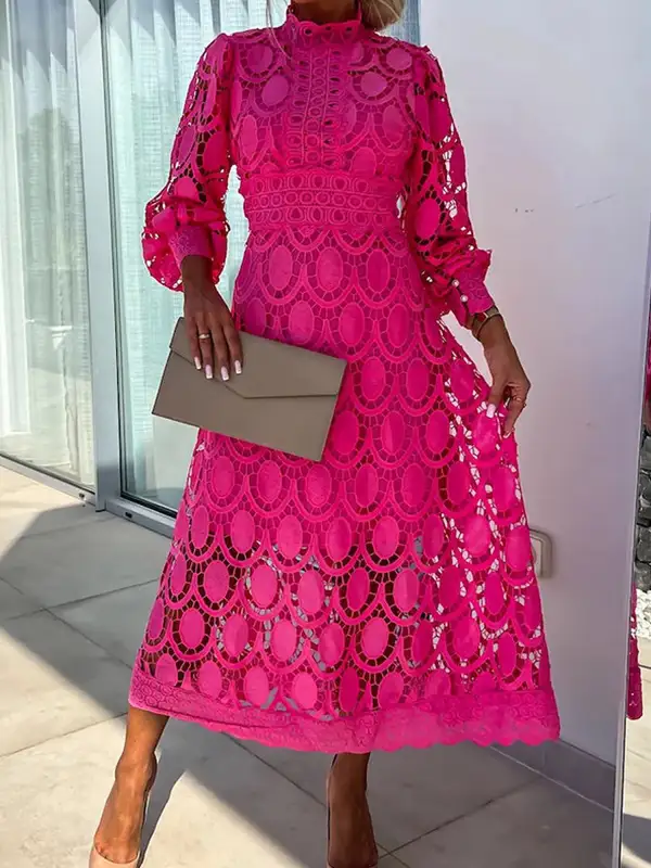 Boho Eyelet Mock-Neck Long-Sleeve Evening Maxi Dress