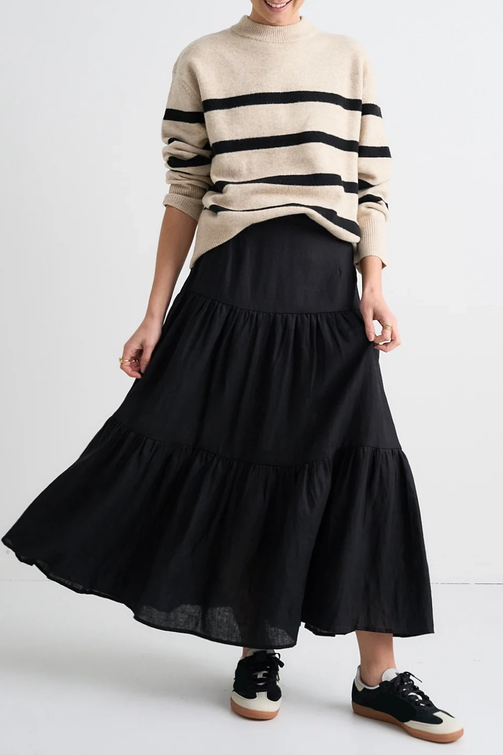 Black Tiered Linen Midi Skirt