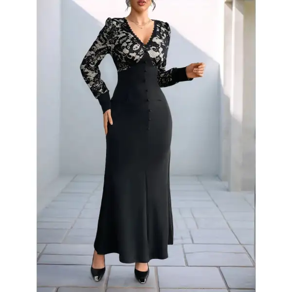 Lace V Neck Long Sleeve Maxi Dress