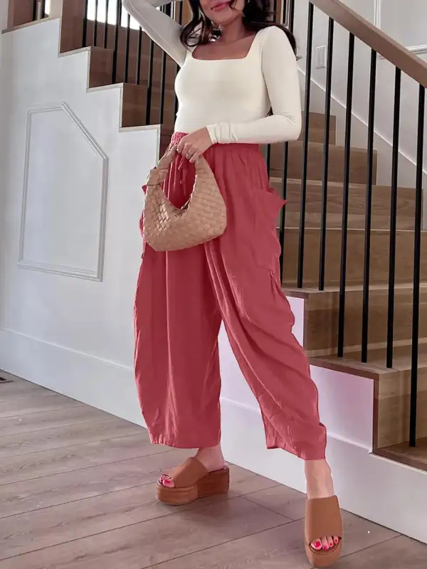 Wide Leg Pocketed Everyday Comfort Fit Pants