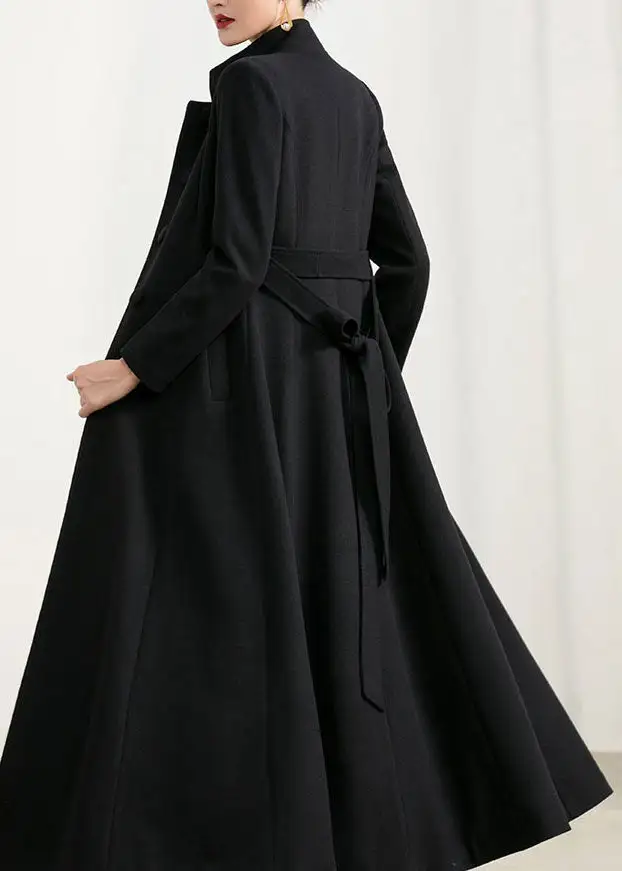 Wool Blend Fit and Flare Single Breasted Stand Collar Pocketed Long Coat