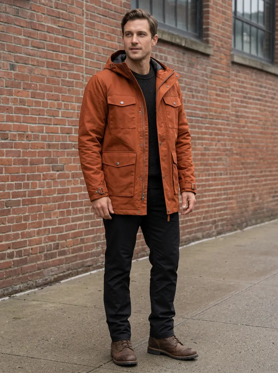 Men's Rust Orange Hooded Waterproof Jacket with Flap Pockets