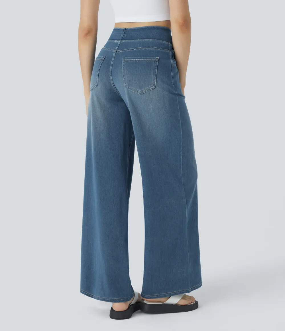 Magic High Waisted Multiple Pockets Wide Leg Washed Stretchy Knit Casual Jeans