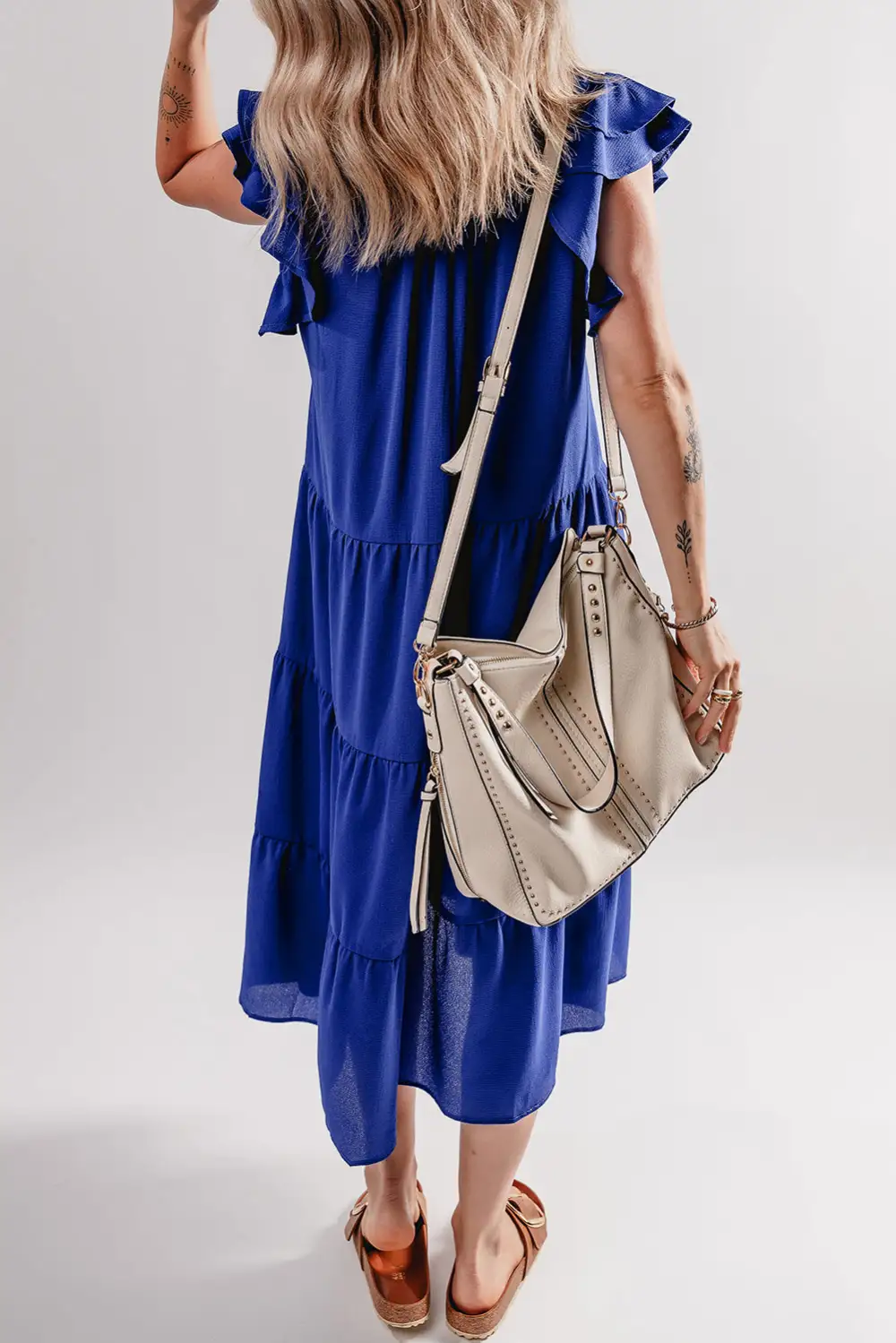 Ruffled Short Sleeve Collared V Neck Tiered Midi Dress