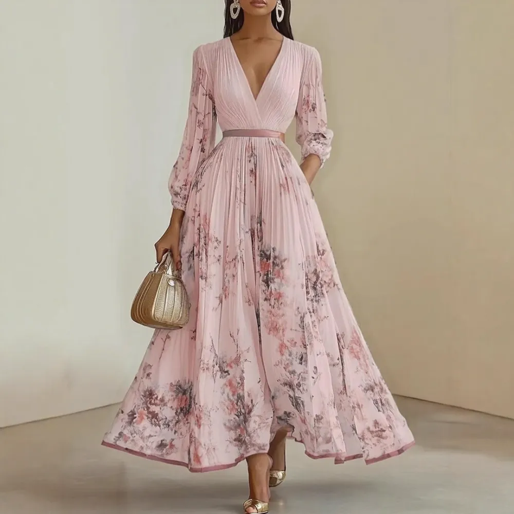  Pleated V Neck Maxi Dress