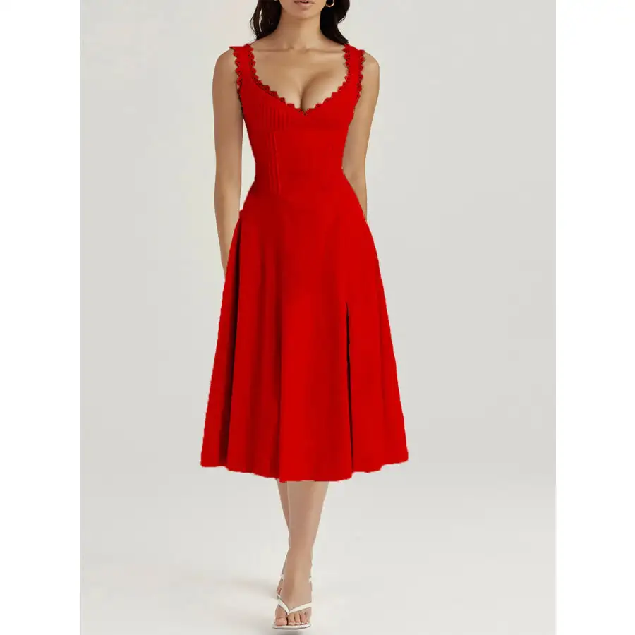 Scalloped V-Neck Midi Dress with Back Lace-Up