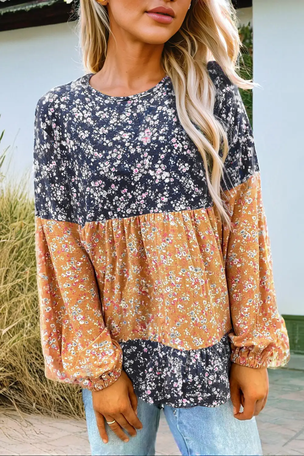 Women's Floral Print Colorblock Patchwork Top