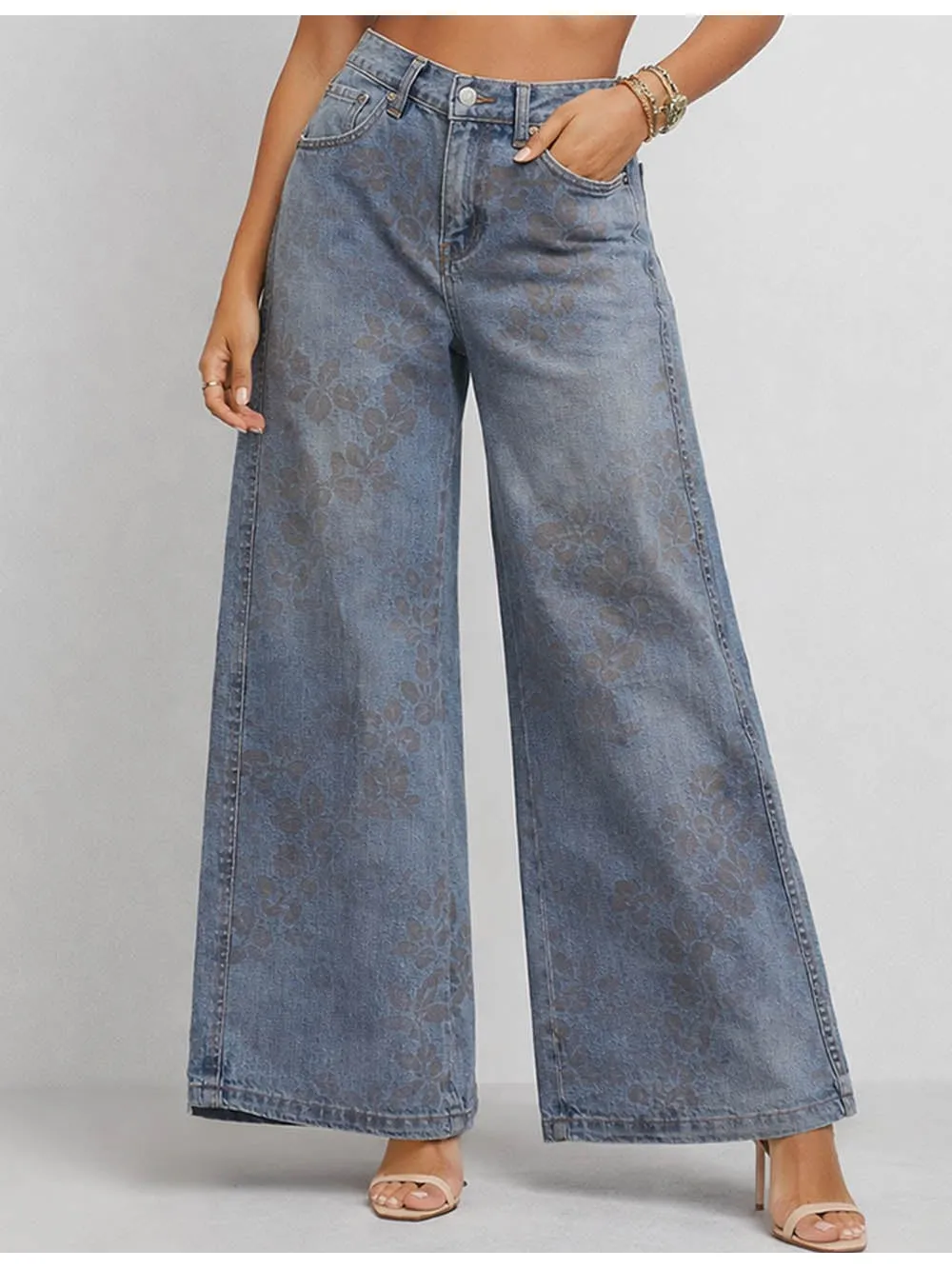 Jacquard Jeans Wide Leg Pockets Denim Pants