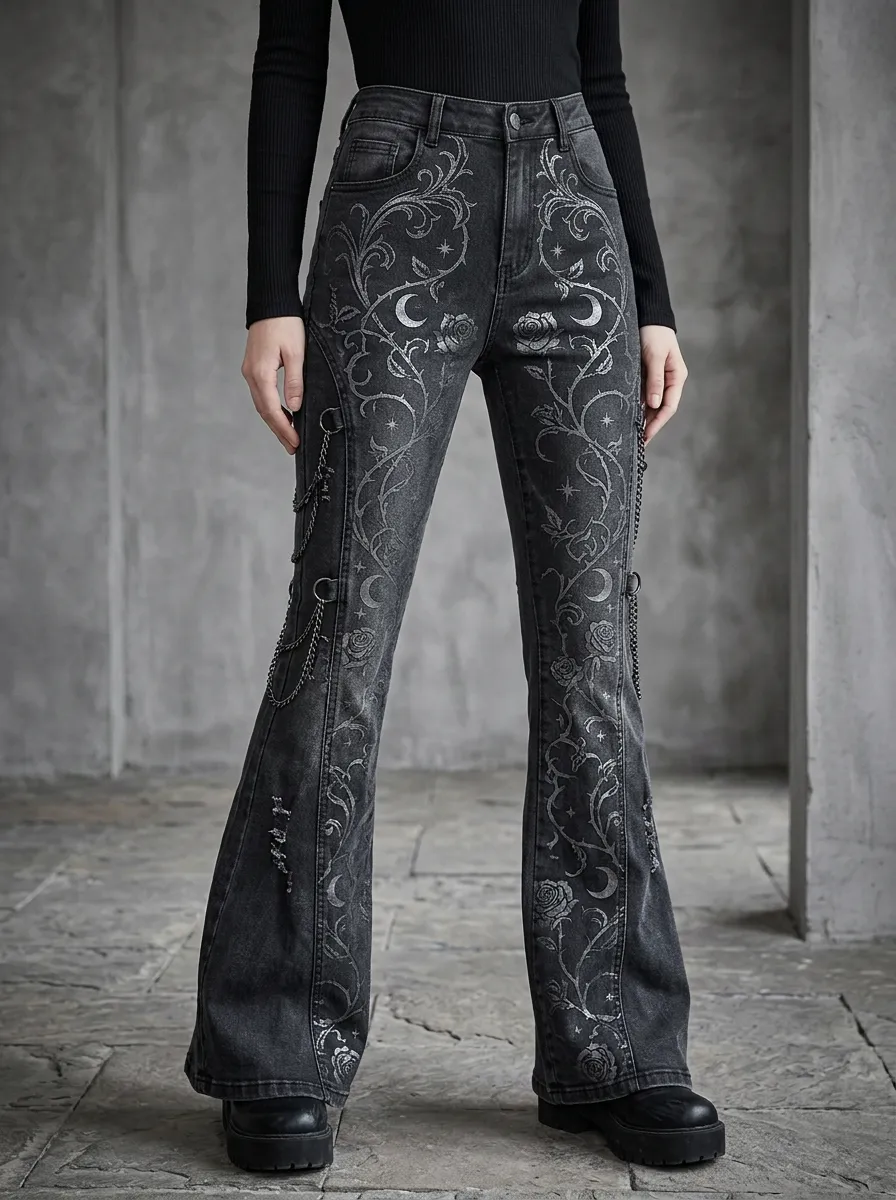 Alternative Rose Moon Floral Statement Women's Gothic Flare Jeans