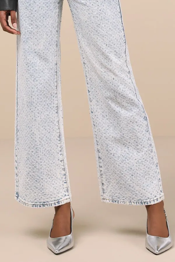 Light Wash Casual Style Light Wash Denim Rhinestone Wide-Leg Jeans