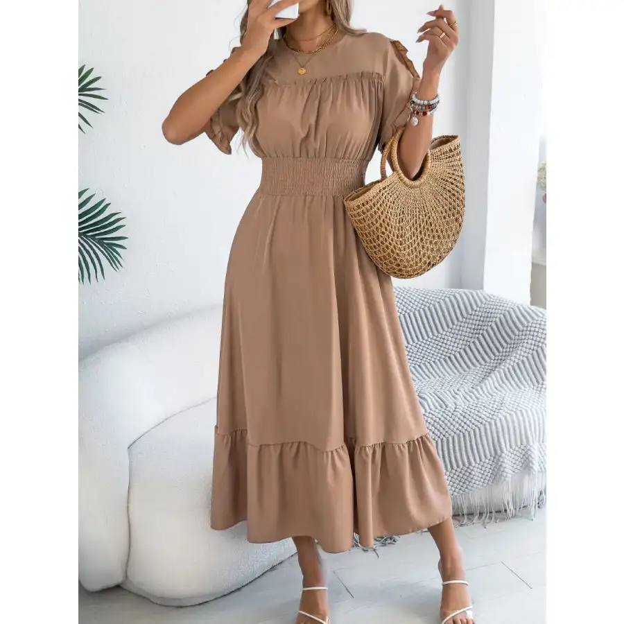 Smocked Frill Round Neck Midi Dress