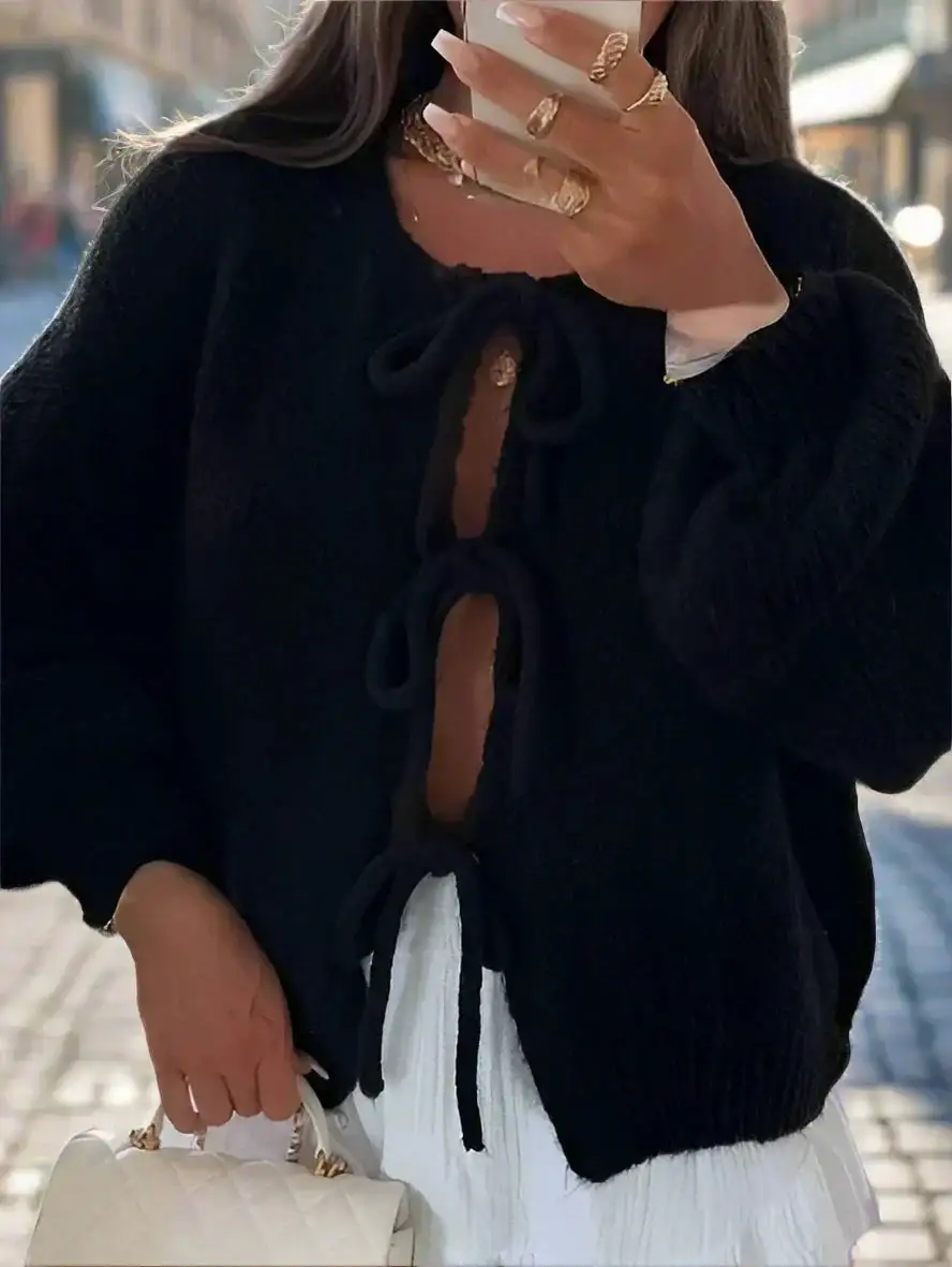 Soft Knit Tie Front Cardigan Balloon Sleeve Bow Detail