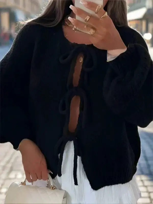 Soft Knit Tie Front Cardigan Balloon Sleeve Bow Detail