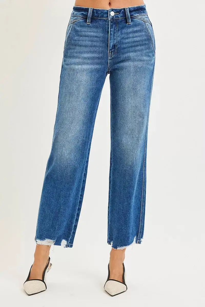 Sharp High Waist Straight Leg Distressed Denim Jeans