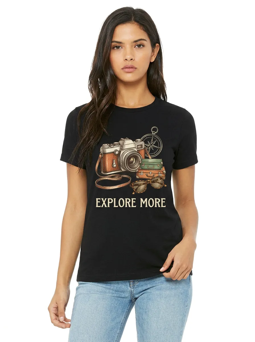 Women's Travel-Inspired Camera Compass Printed T-Shirt