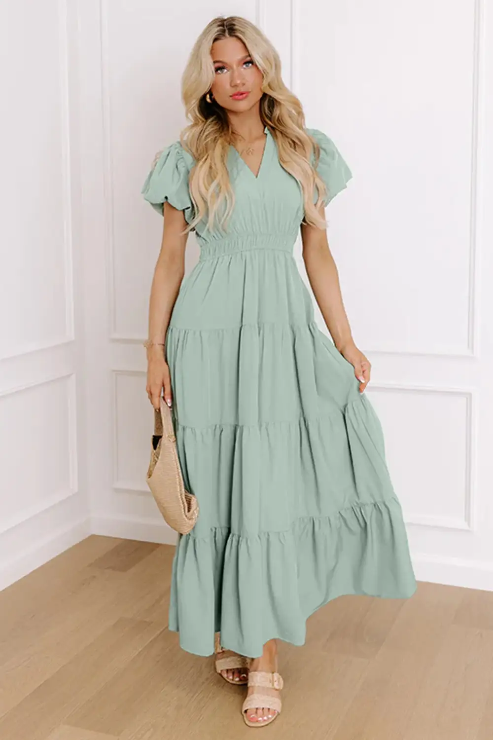 Clean Line V Neck Tiered Puff Sleeve Maxi Dress