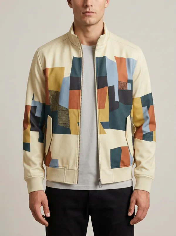 Geometric Print Stand Collar Welt Pockets Bomber Jacket