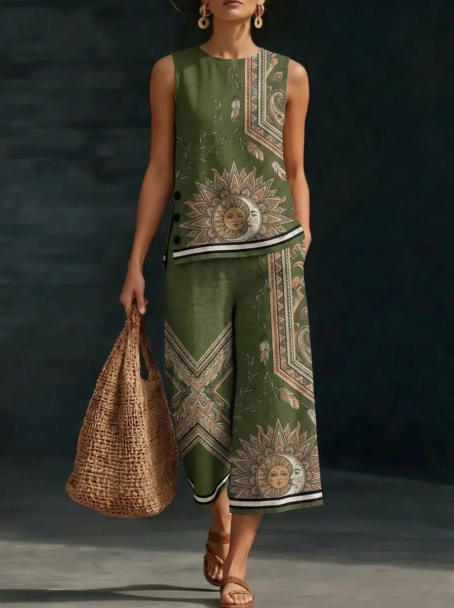 Women's Boho Sun Moon Paisley Printed Sleeveless Set