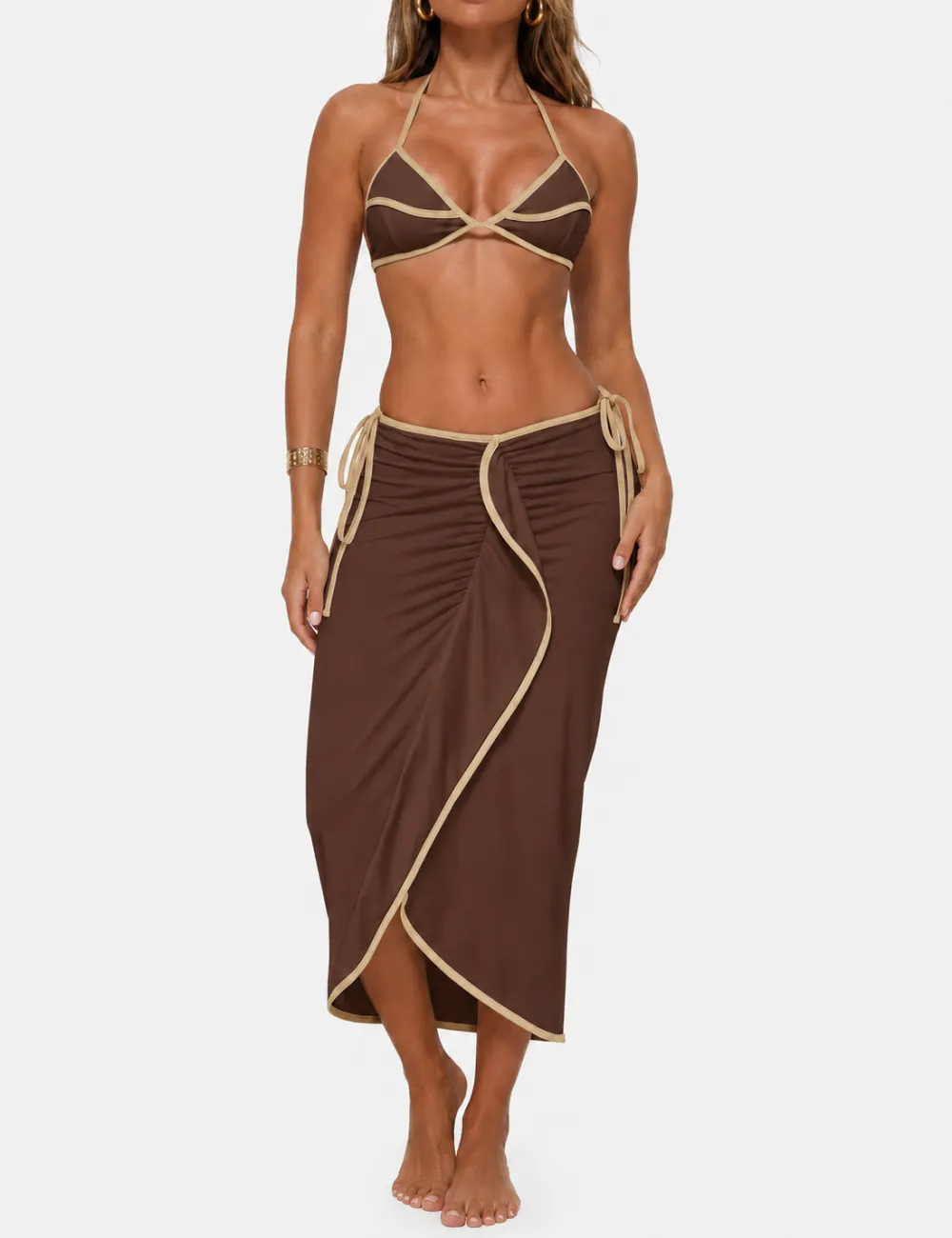 Color Block Halter Triangle Bikini Set with Midi Skirt