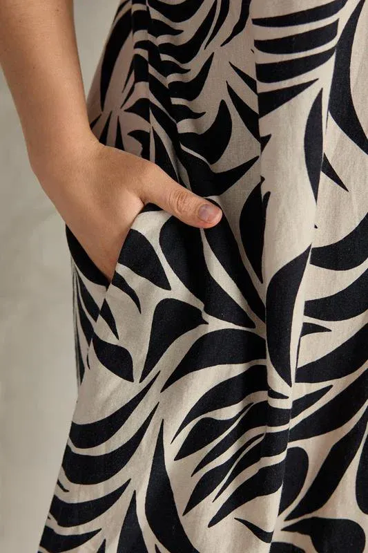 Cream Premium Linen Leaf Print Shift Dress
