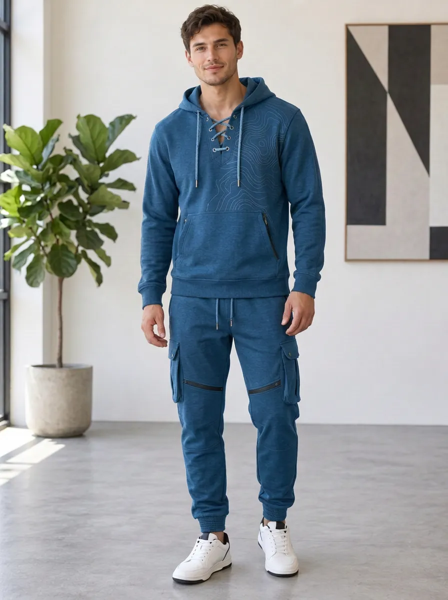 Functional Lace-Up Topographic Finish Men's Lace Up Hoodie And Cargo Jogger Set