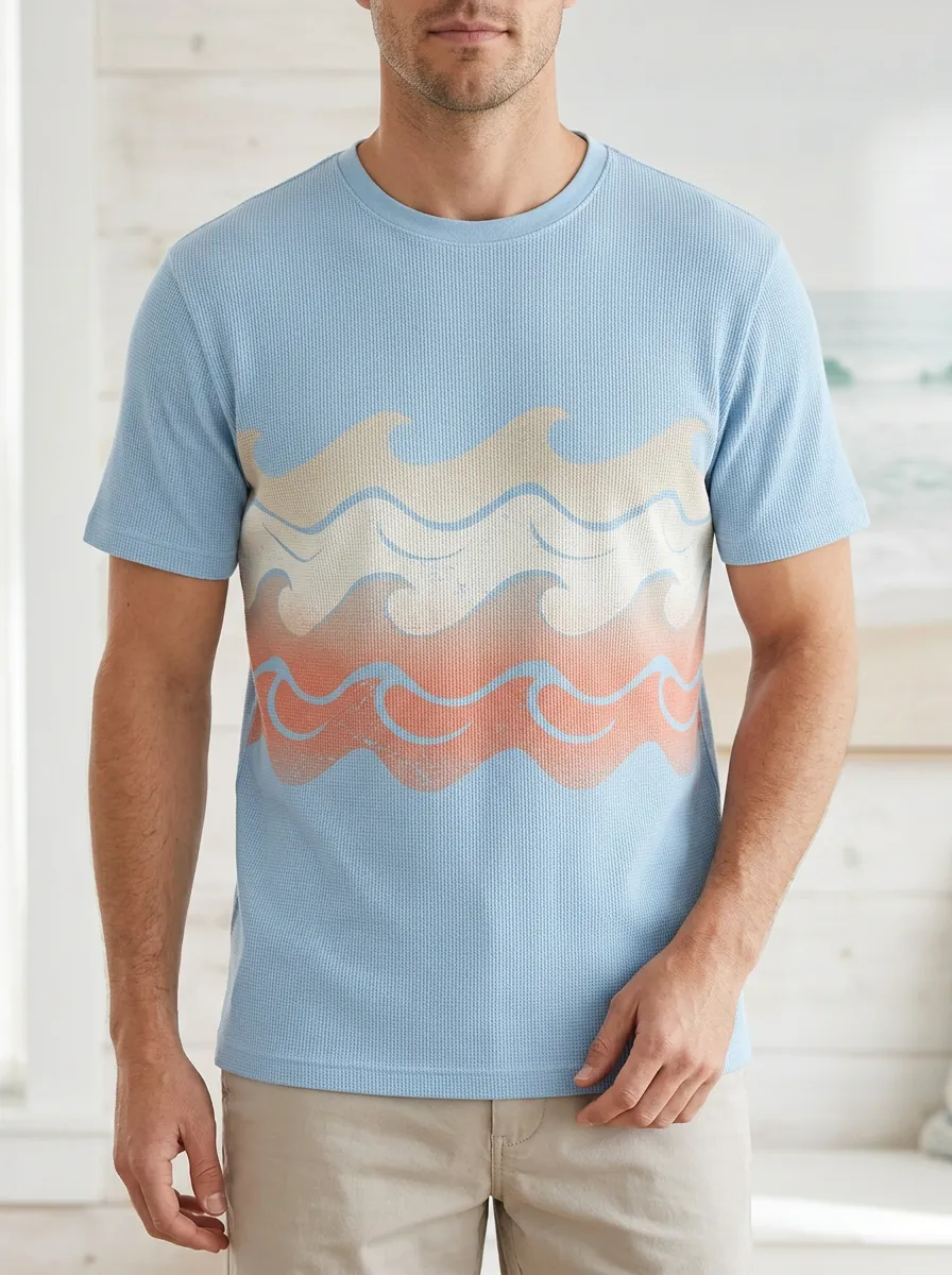 Men's Beach Lover Ocean Wave Gradient Crew Neck T-Shirt