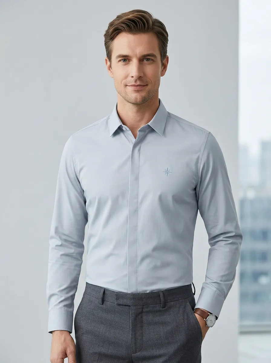 Men's Non-Iron Cotton Compass Embroidered Long Sleeve Shirt