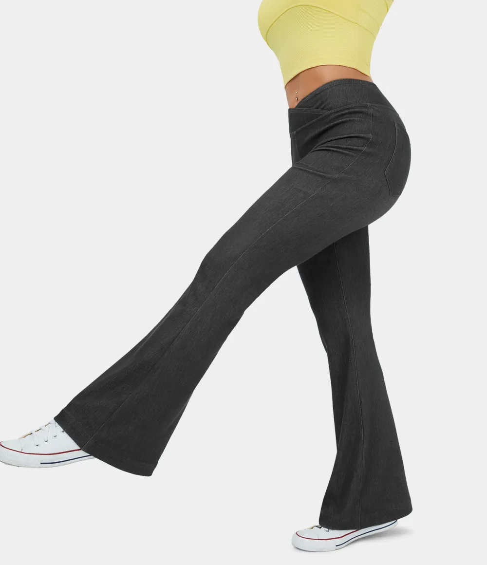 Magic High Waisted Crossover Back Pocket Stretchy Knit Casual Flare Jeans