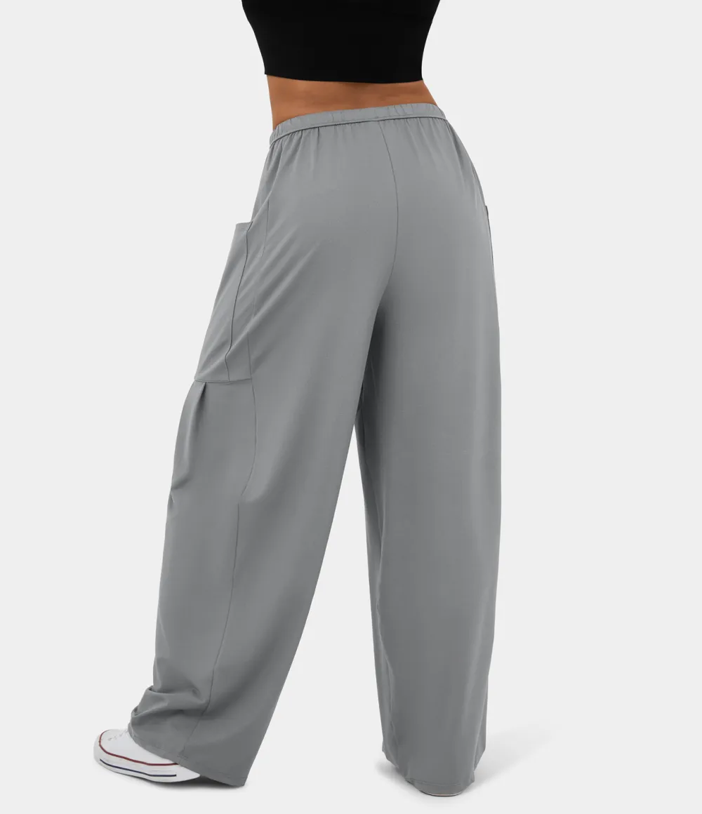 Mid Rise Elastic Waistband Drawstring Side Pocket Palazzo Flowy Wide Leg Casual Pants