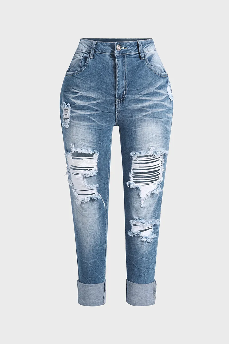 Distressed Roll Hem Zip Fly Low Waist Capris Jeans