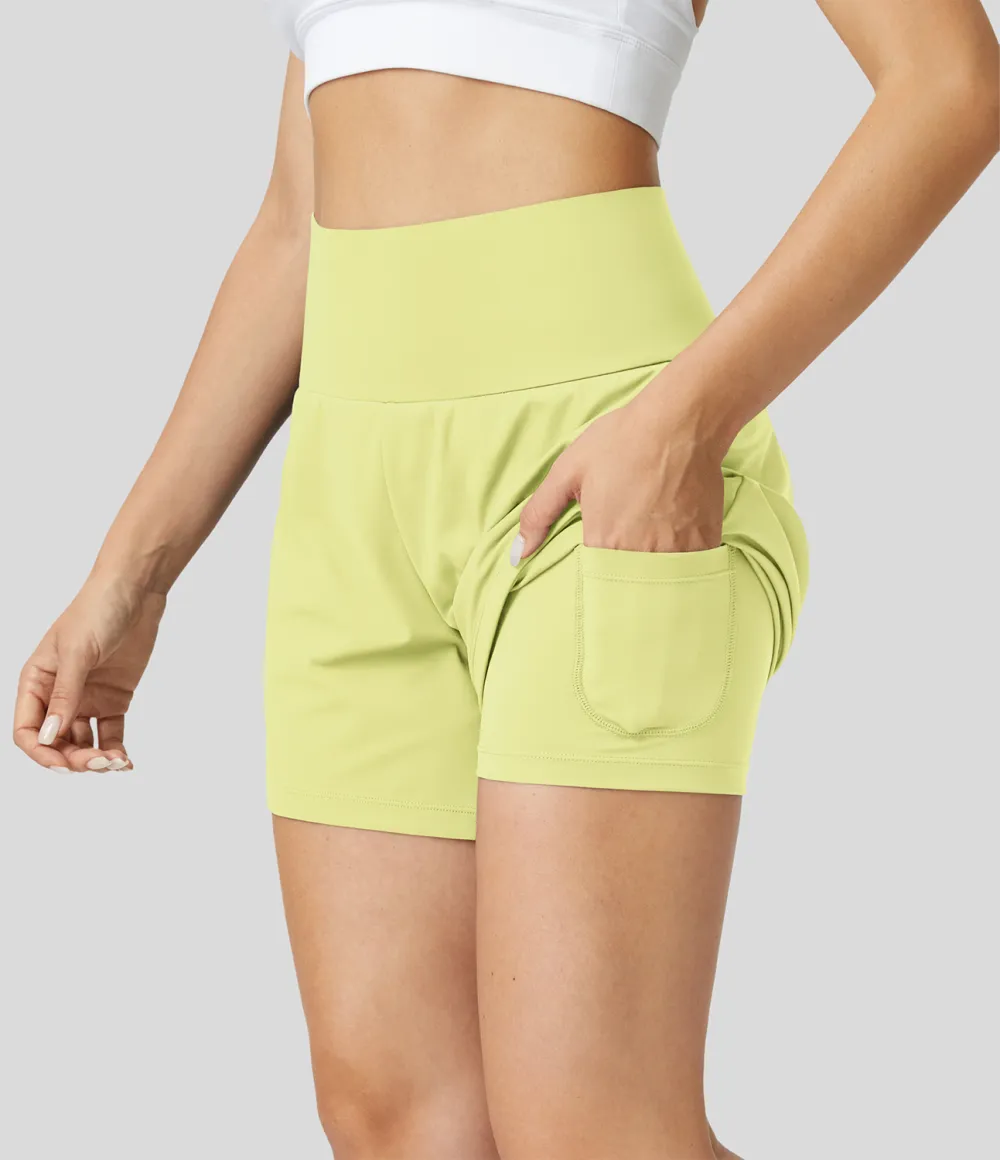 Super High Waisted Back Pocket & Side Hidden Pocket 2-in-1 Yoga Shorts 5''-Longer Length