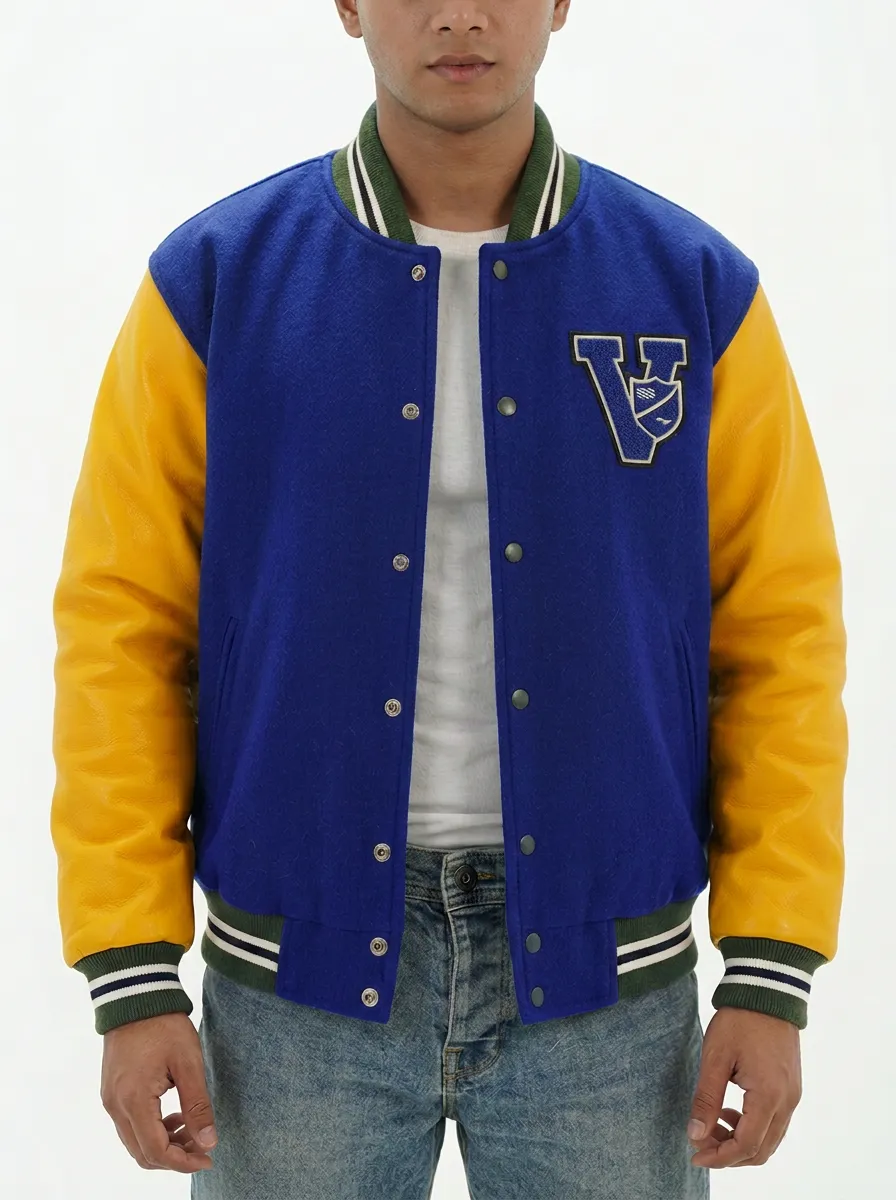 Men's Letter V Green & Yellow Wool Baseball Jacket