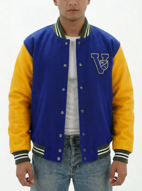Men's Letter V Green & Yellow Wool Baseball Jacket