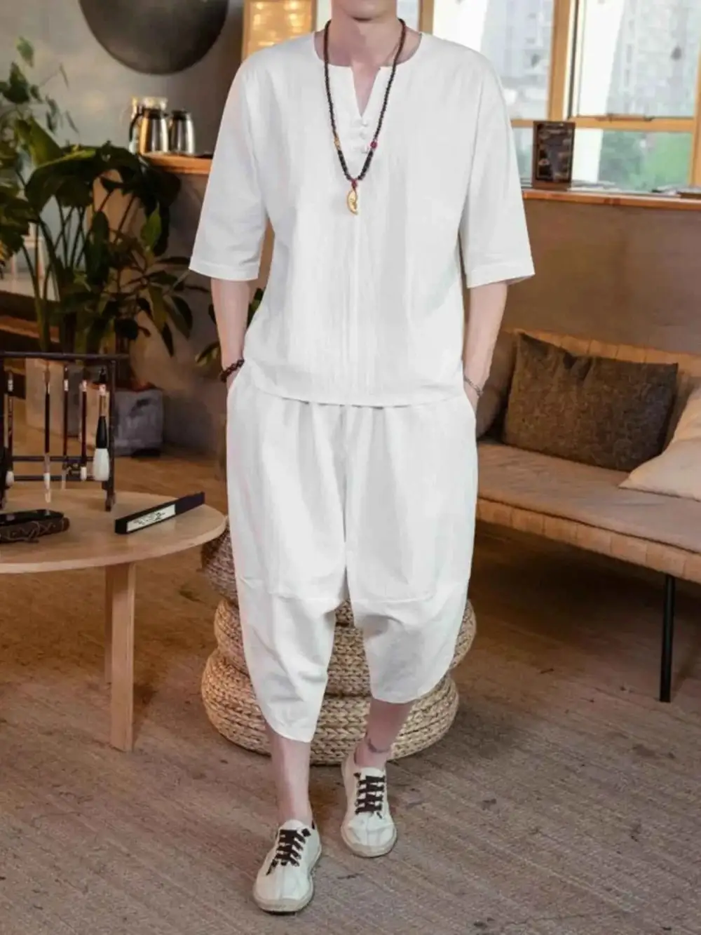 Notched Half Sleeve Top and Cropped Pants Set