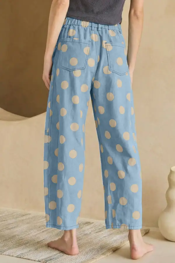 Polka Dot Relaxed Fit Pocketed Bow Detail Casual Jeans