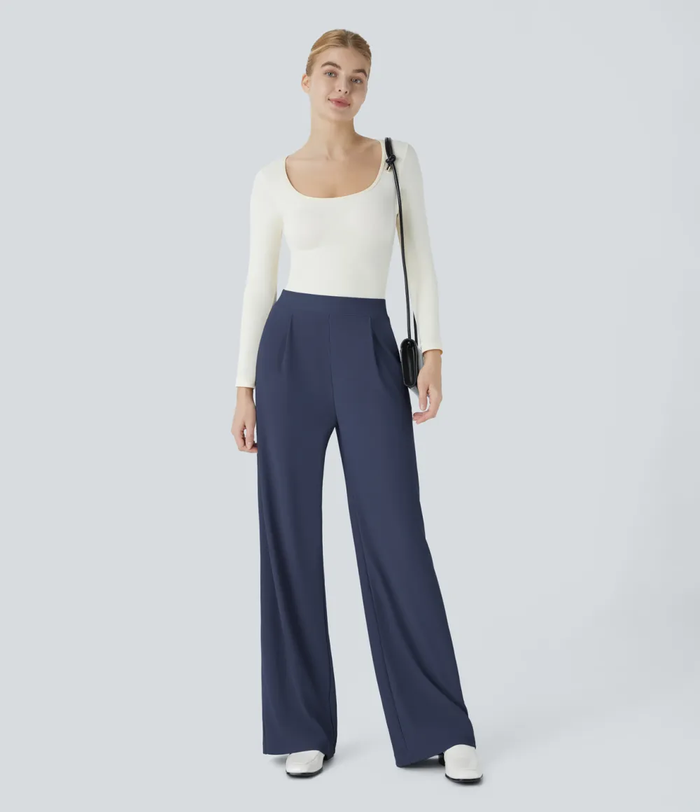  High Waisted Body Sculpt Waist-Slimming Side Pocket Wide Leg Micro Waffle Work Pants