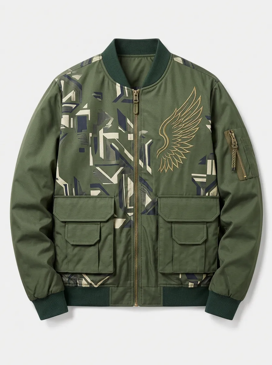 Men's Military Wing Graphic Geometric Pattern Printed Bomber Jacket