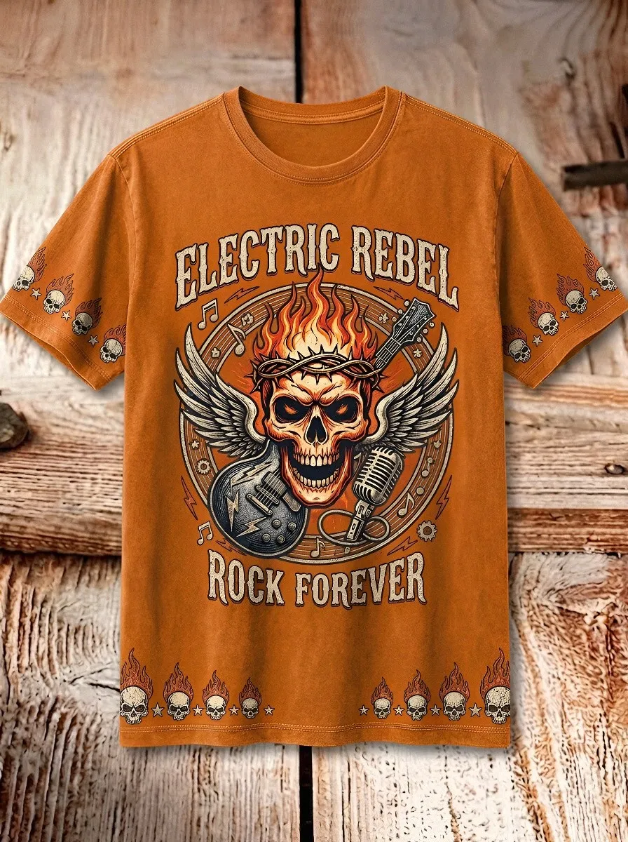 Men's Rock Music Lover Flaming Skull Guitar Printed T-shirt