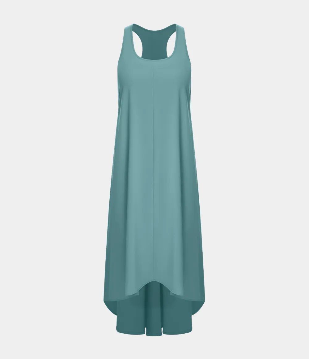Breezeful Backless Racerback Side Pocket High Low Flowy Midi Quick Dry Casual Dress