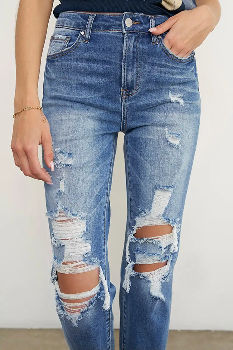 Mid Rise Ripped Frayed Hem Boyfriend Jeans