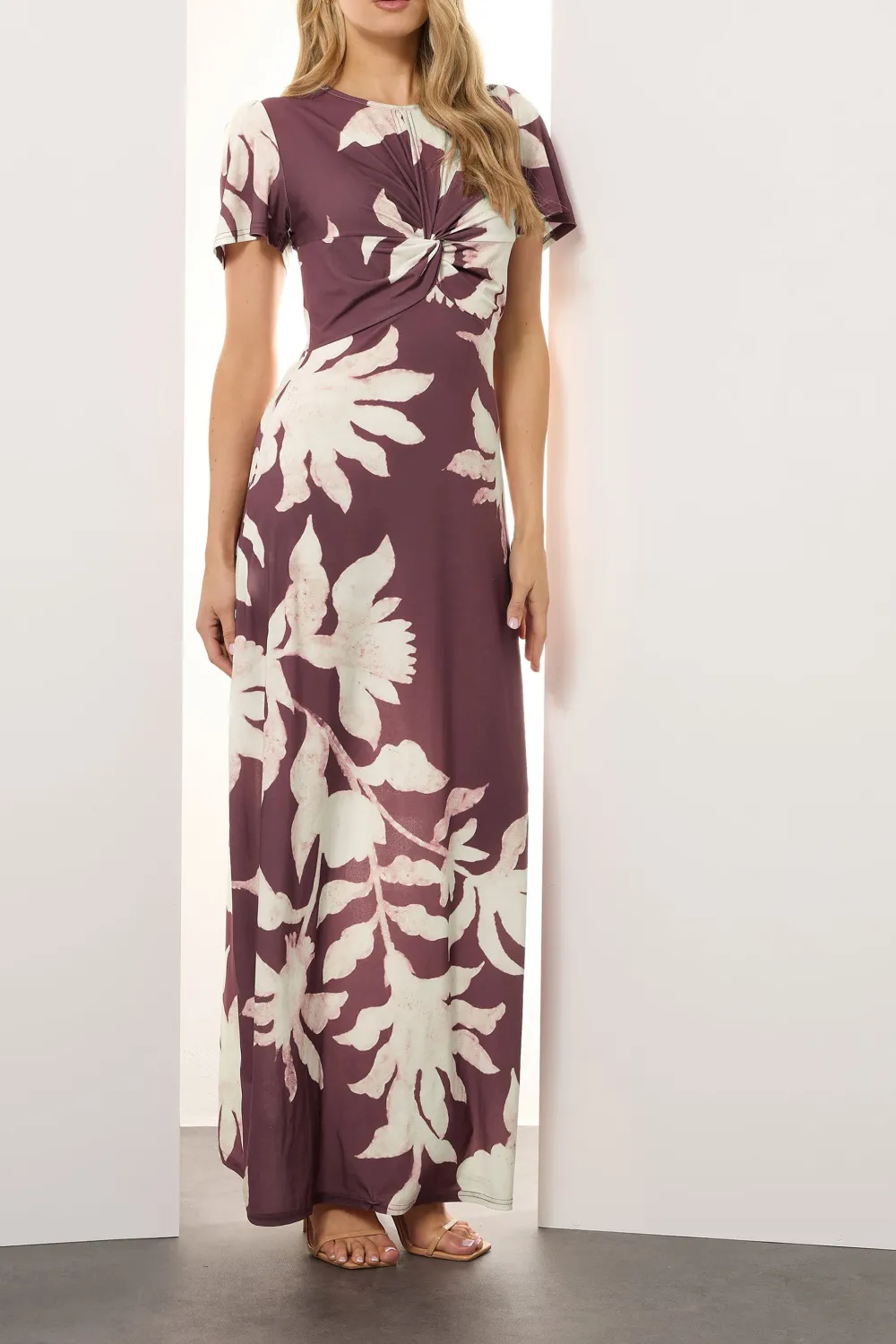 Scooped Neckline Red Floral Ruched Maxi Dress