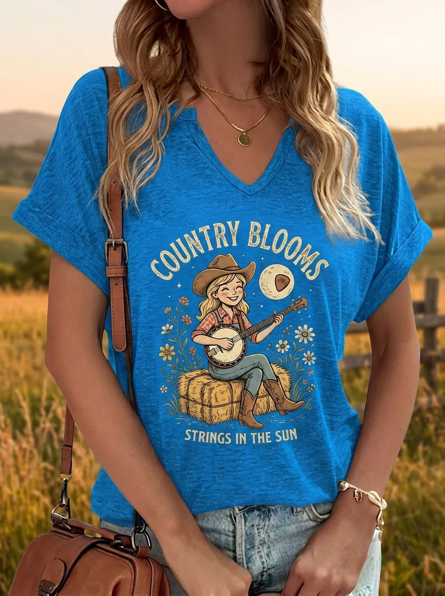 Floral Banjo Western Women's V-Neck T-Shirt