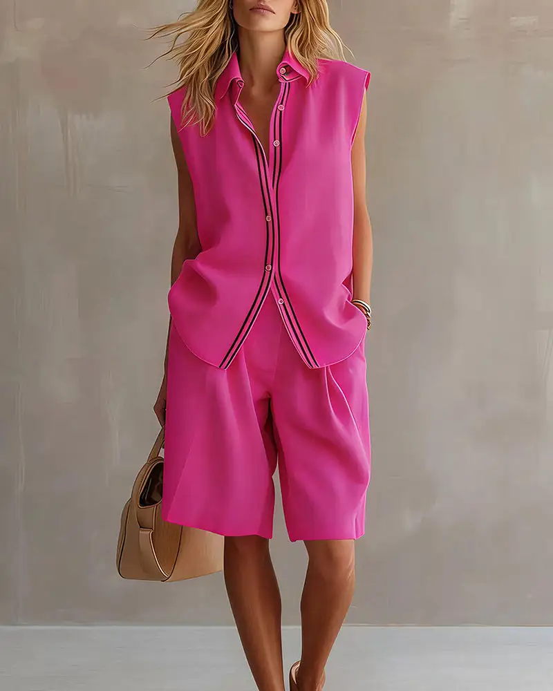 Casual Sleeveless Button-Down Shirt and Shorts Two-Piece Set