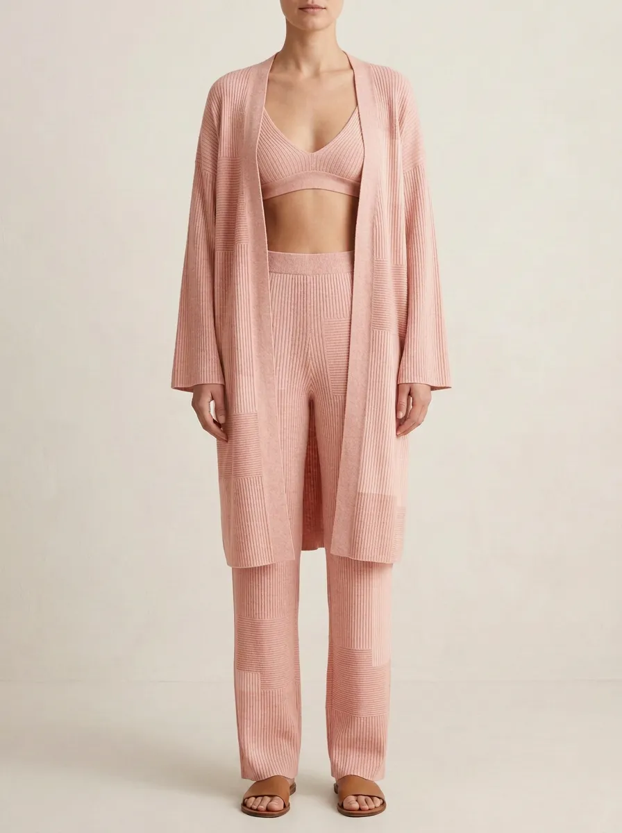 Paneled Ribbed Cardigan Lounge Set
