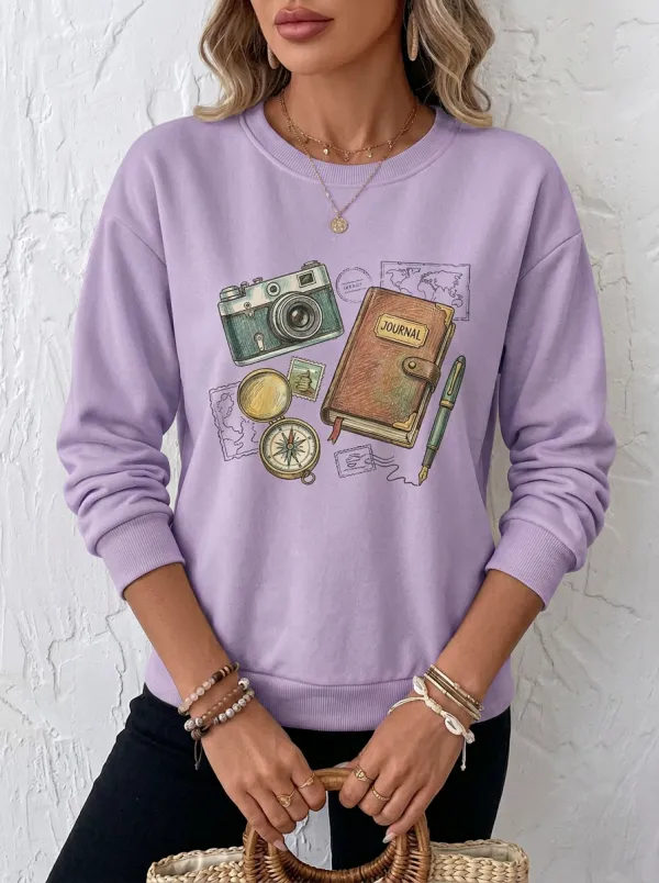 Women's Travel Lover Camera Journal Compass Printed Sweatshirt